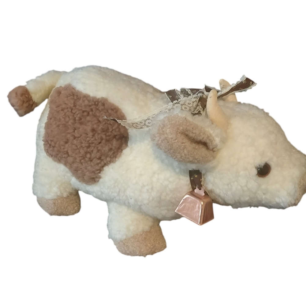 Kinder Gund Vintage 1986 Plush Cow Stuffed Toy Doll Brass Bell Wooly Brown White - Picture 2 of 9